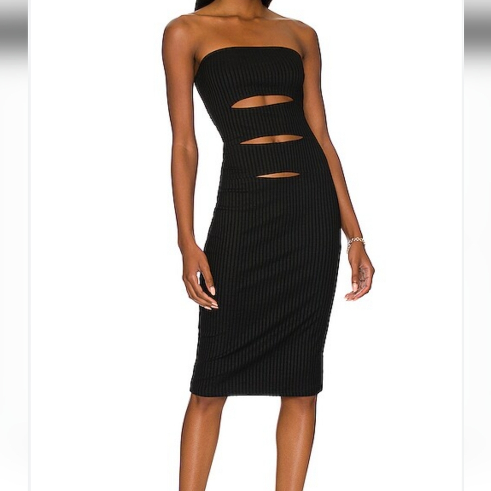LNA Black Strapless Ribbed Cutout Midi Dress